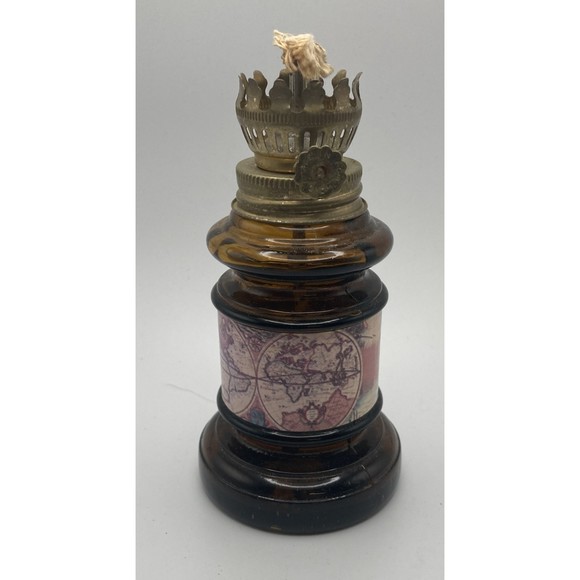 Mini Oil / Kerosene Amber Glass Lamp with Globe Graphics 5.25" Tall 2.75" @ Base - Picture 2 of 10